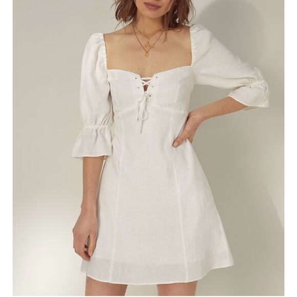 Wilfred Dresses & Skirts - Wilfred Stanza White Linen Mini Dress Pufff Sleeve Lace Up